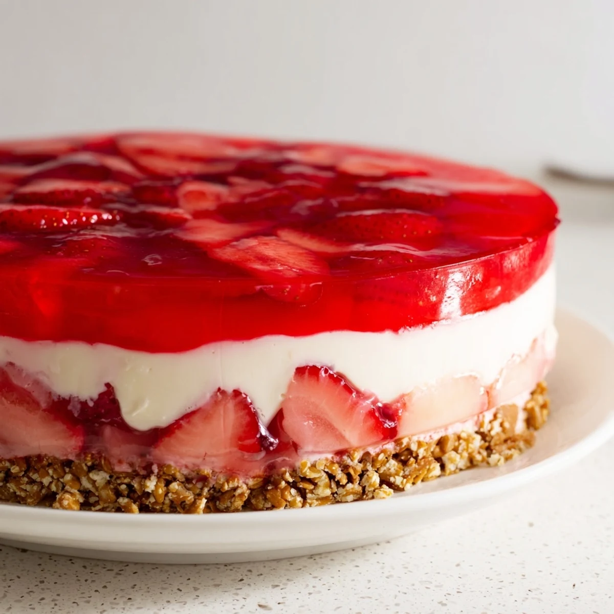 Golden-brown pretzel crust under the creamy layers of a colorful Strawberry Pretzel Salad.
