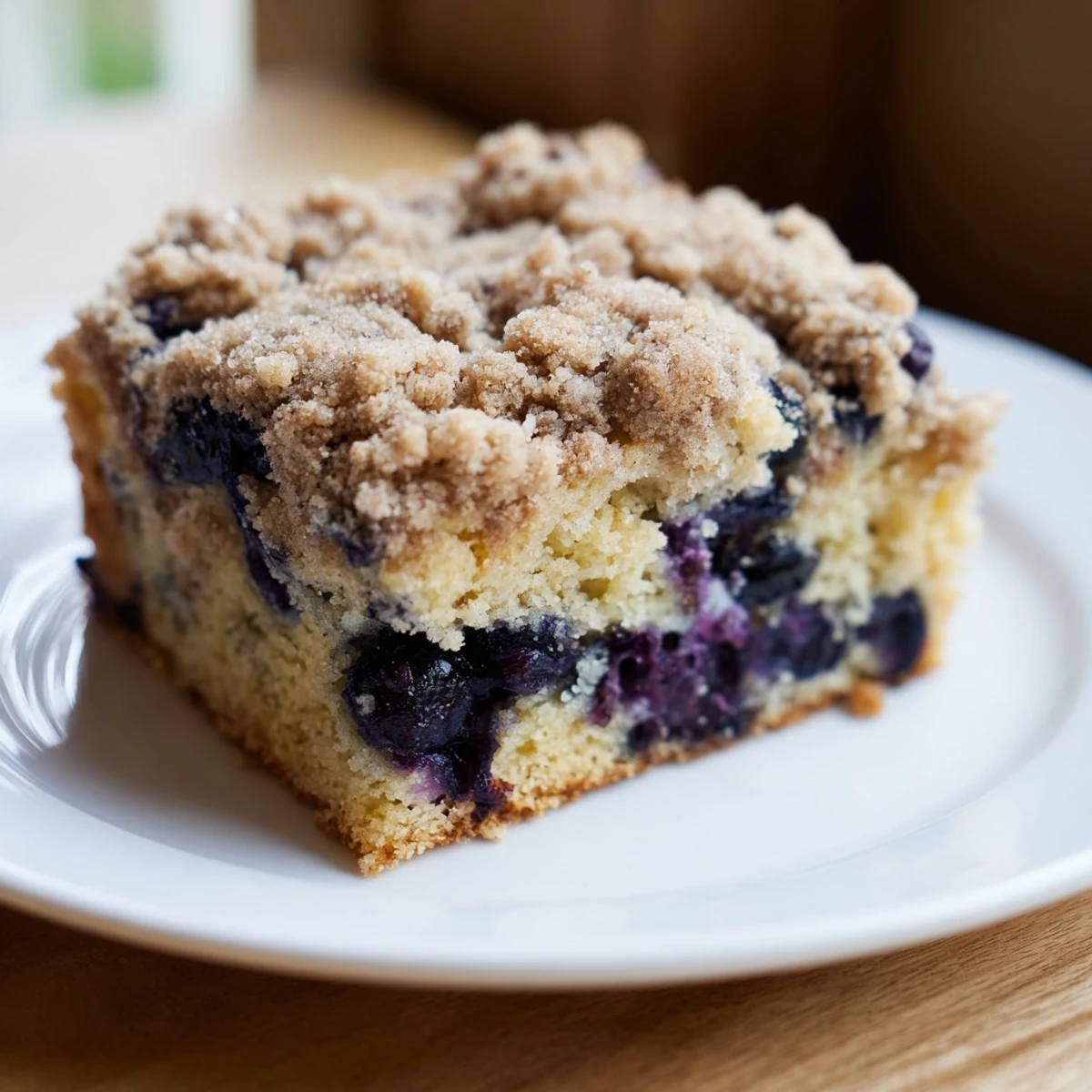 Freshly baked Blueberry Buckle with a golden crumble topping, ready to serve with coffee.