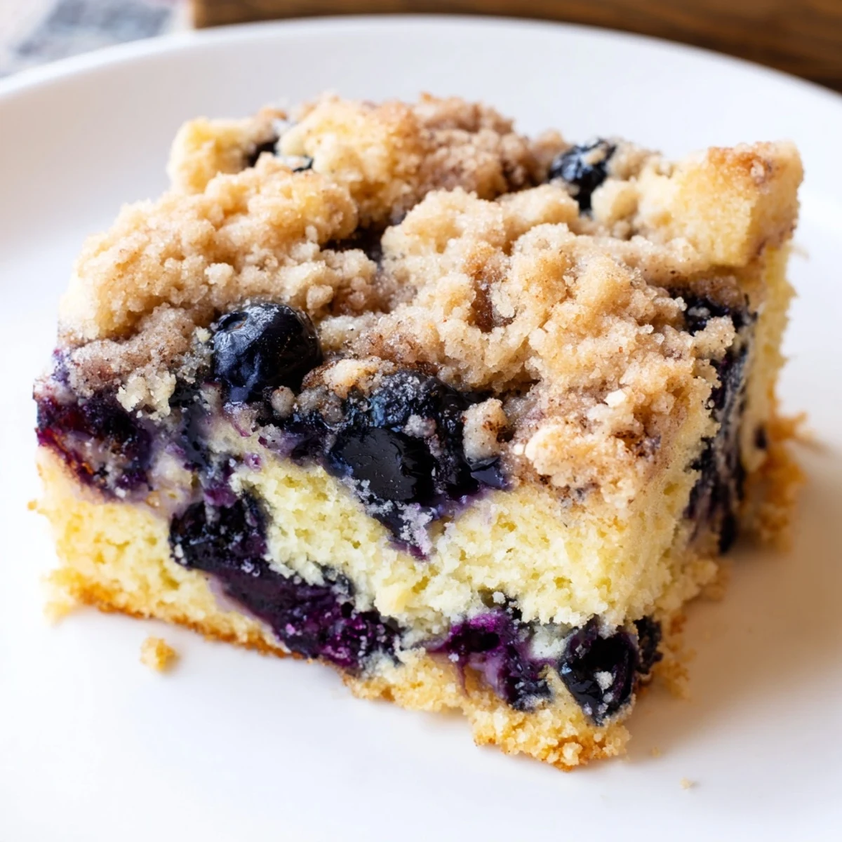 Warm, tender slices of Blueberry Buckle, filled with juicy blueberries and a sweet streusel.