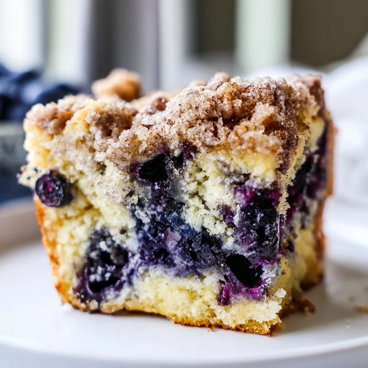 Close-up of a rustic Blueberry Buckle, displaying tender cake and a brown, crunchy topping.