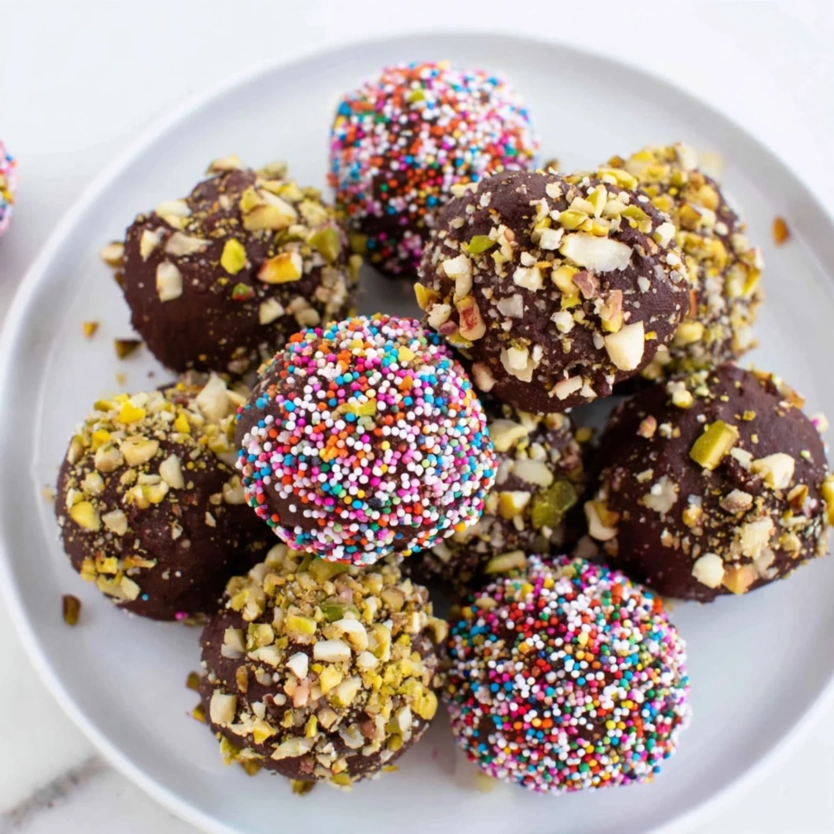 Decadent chocolate truffles, hand-rolled and coated in cocoa, nuts, and sprinkles for treats.