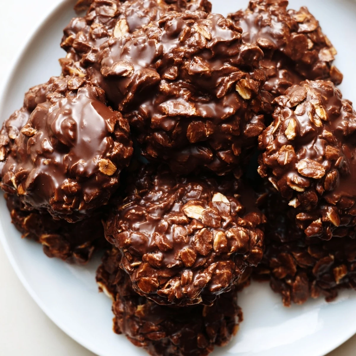 Soft, glistening No-Bake Chocolate Oatmeal Drop Cookies, ready to eat after brief cooling and setting.