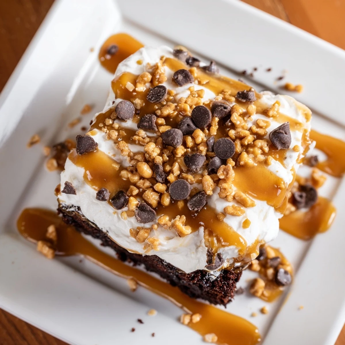 Rich Better Than Sex Cake topped with whipped cream and toffee bits, a decadent dessert.