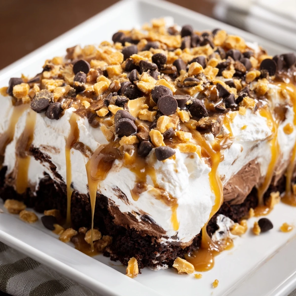 A slice of Better Than Sex Cake glistening with caramel, perfect for a special treat.