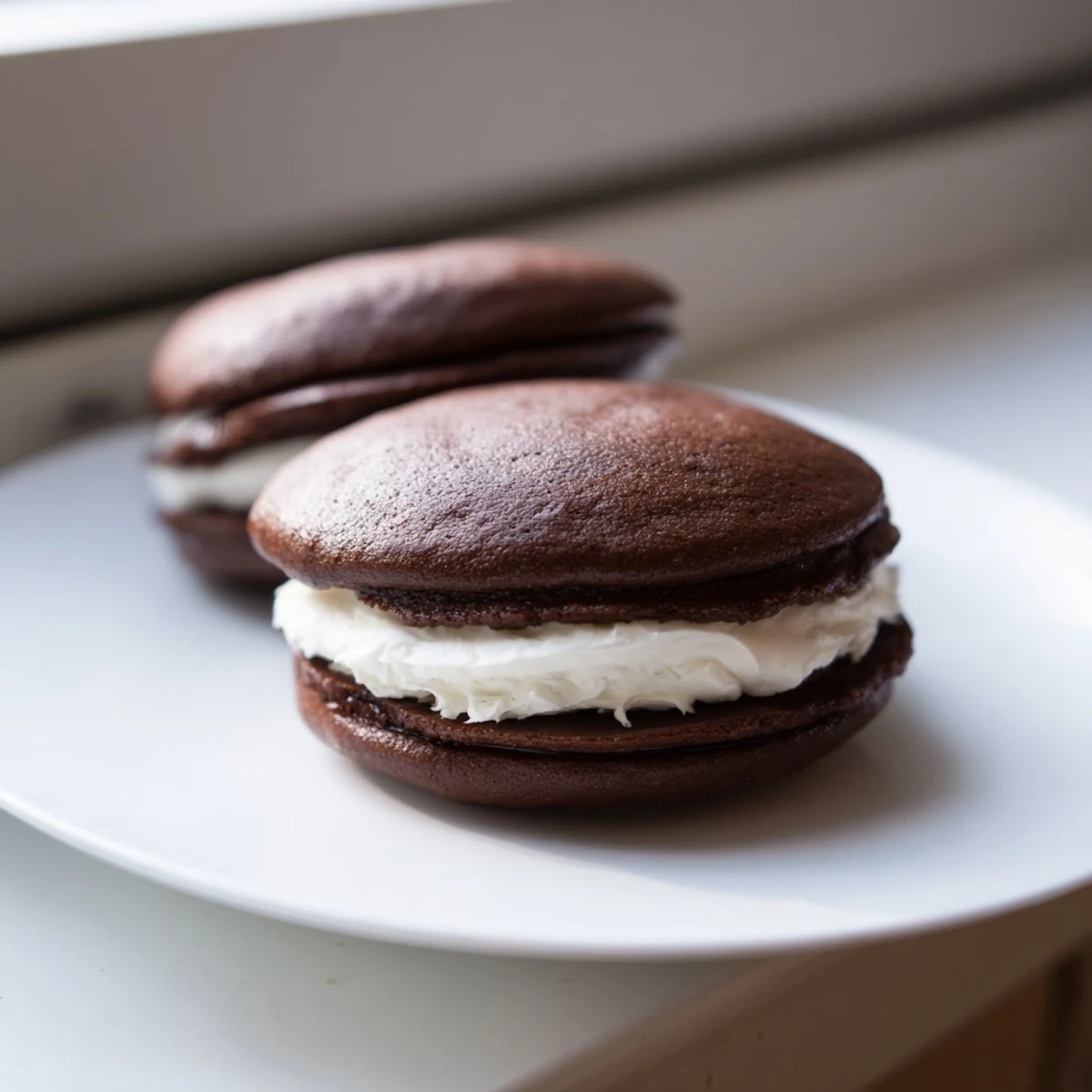 Warm, soft-baked Whoopie Pies, a delightful chocolate sandwich cookie, ready to enjoy with vanilla cream.