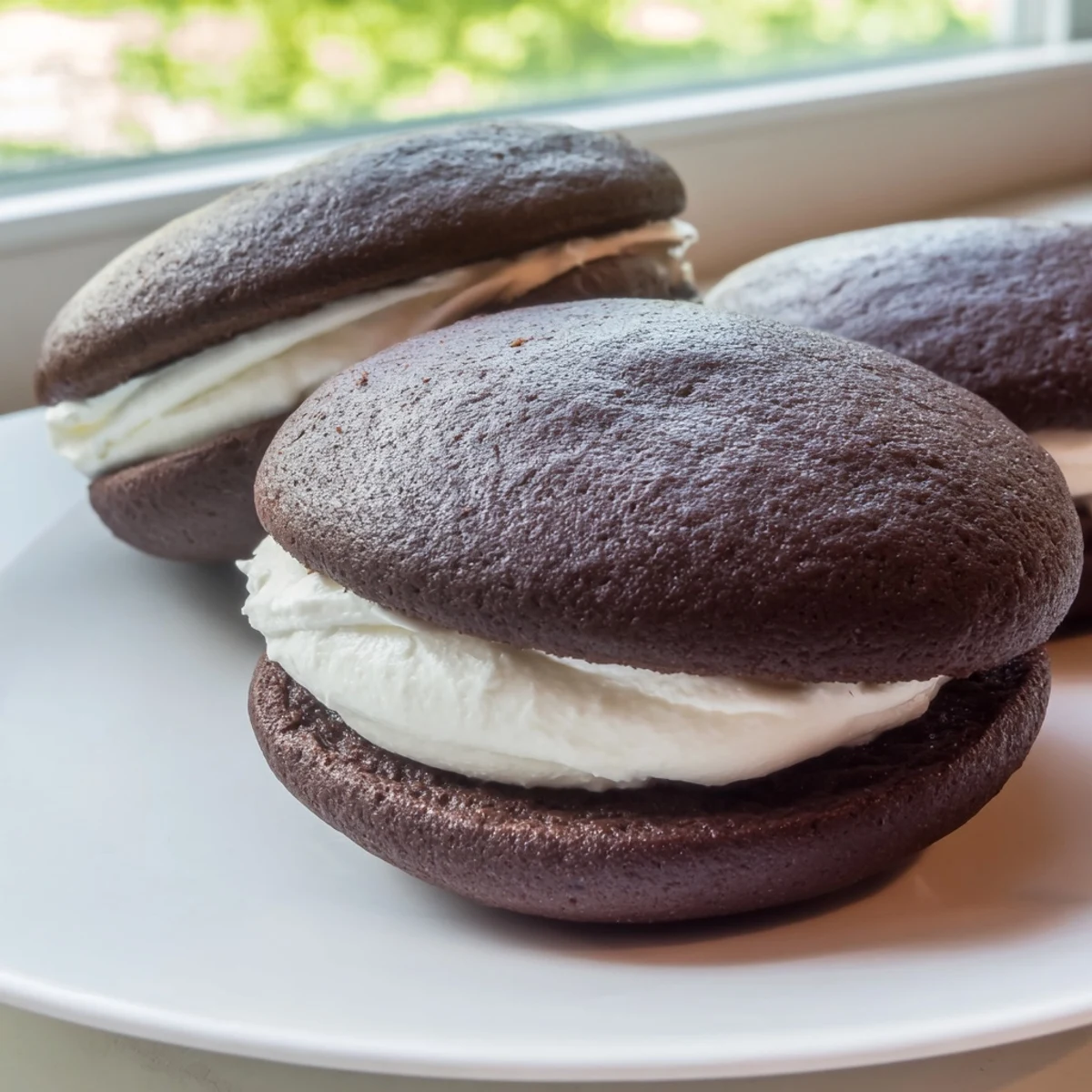 A close-up shot of rich, chocolatey Whoopie Pies, perfectly paired and filled with fluffy, white cream.
