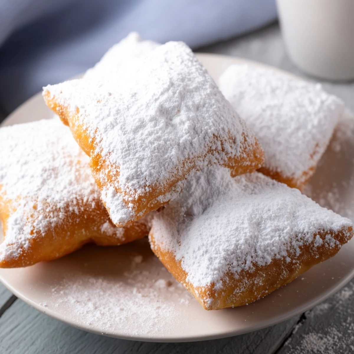 Golden-brown, puffy beignets dusted with a thick layer of sweet, beautiful powdered sugar.