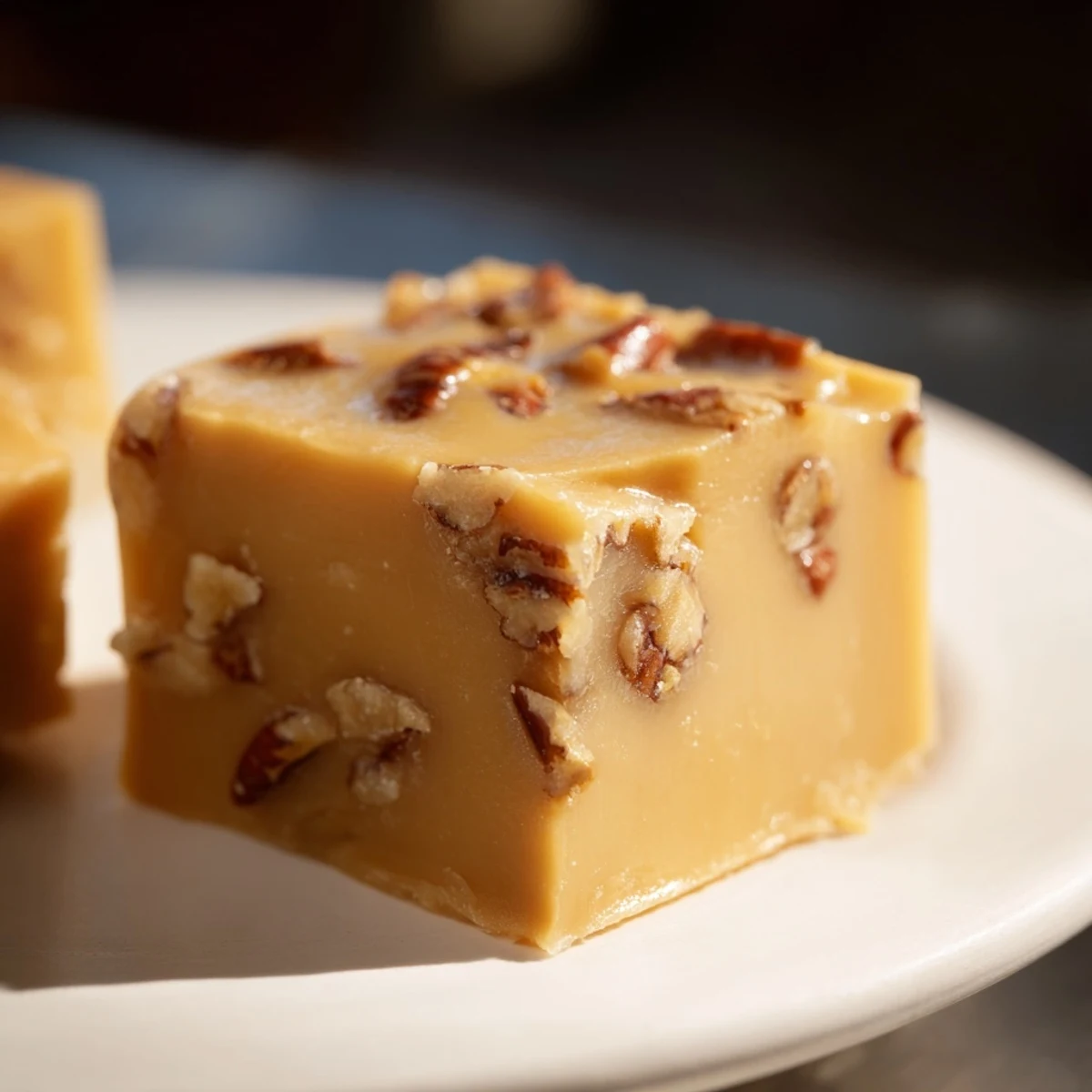 Penuche fudge: a close-up shows squares of creamy, rich fudge with optional pecan pieces.