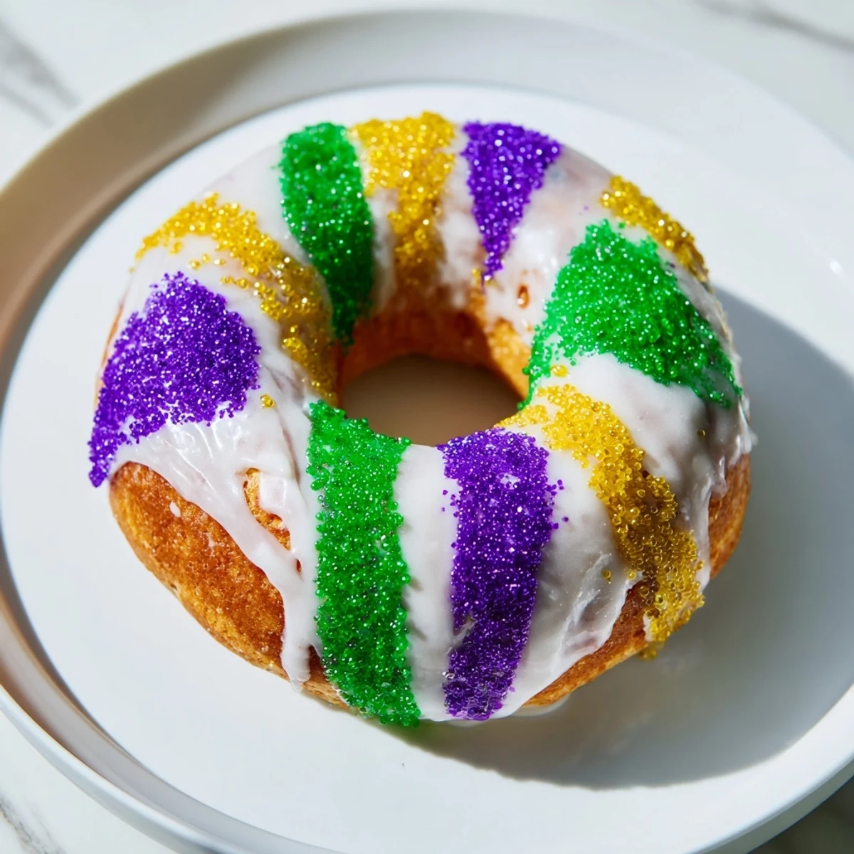 Golden-brown King Cake covered in vibrant sugar colors, ready for a festive Mardi Gras treat.