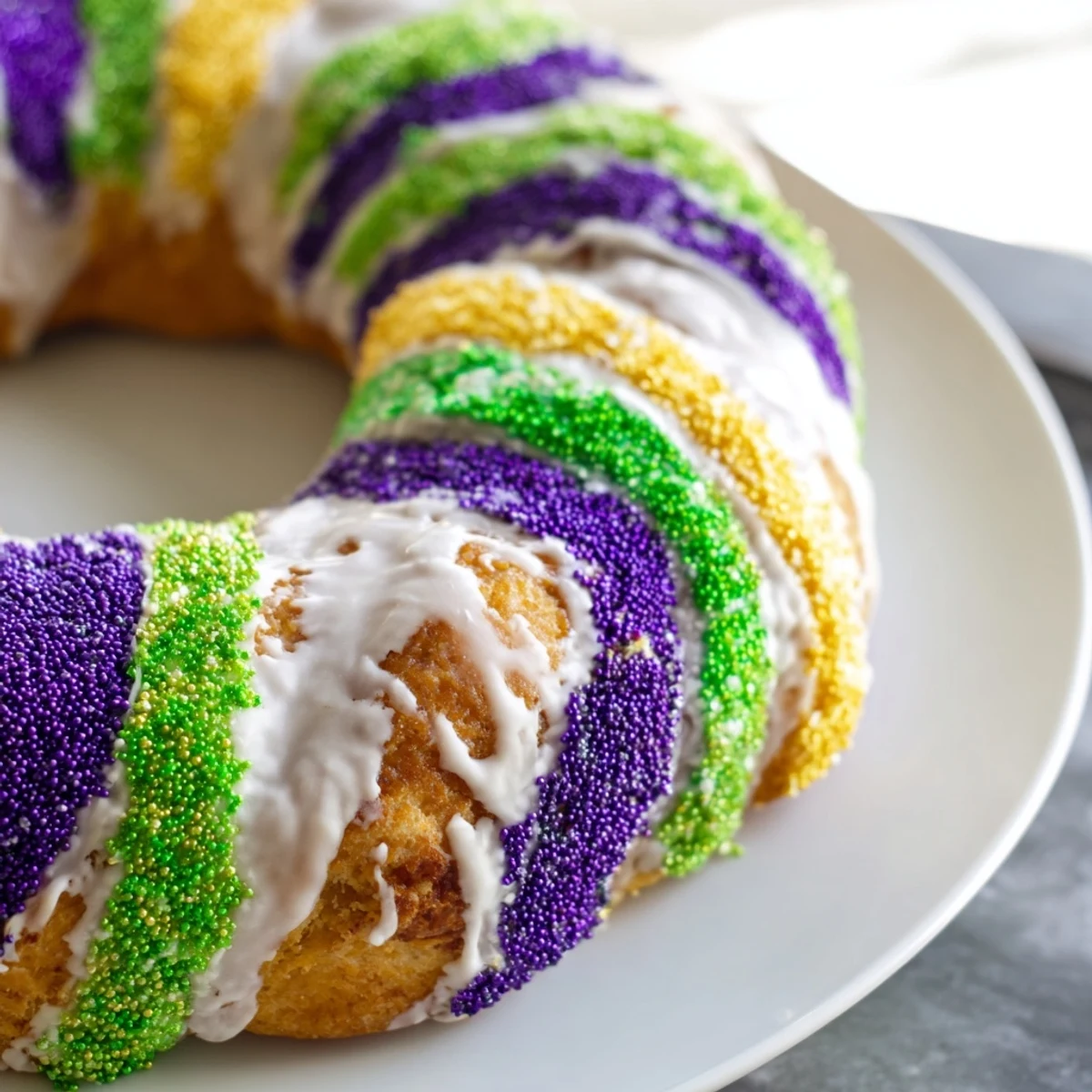 Fluffy, ring-shaped King Cake, with colorful sugar topping, perfect for sharing and celebration.