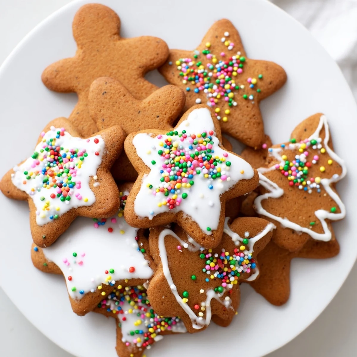 Freshly baked Gingerbread Cookies, golden brown with edges and festive shapes, ready to ice.