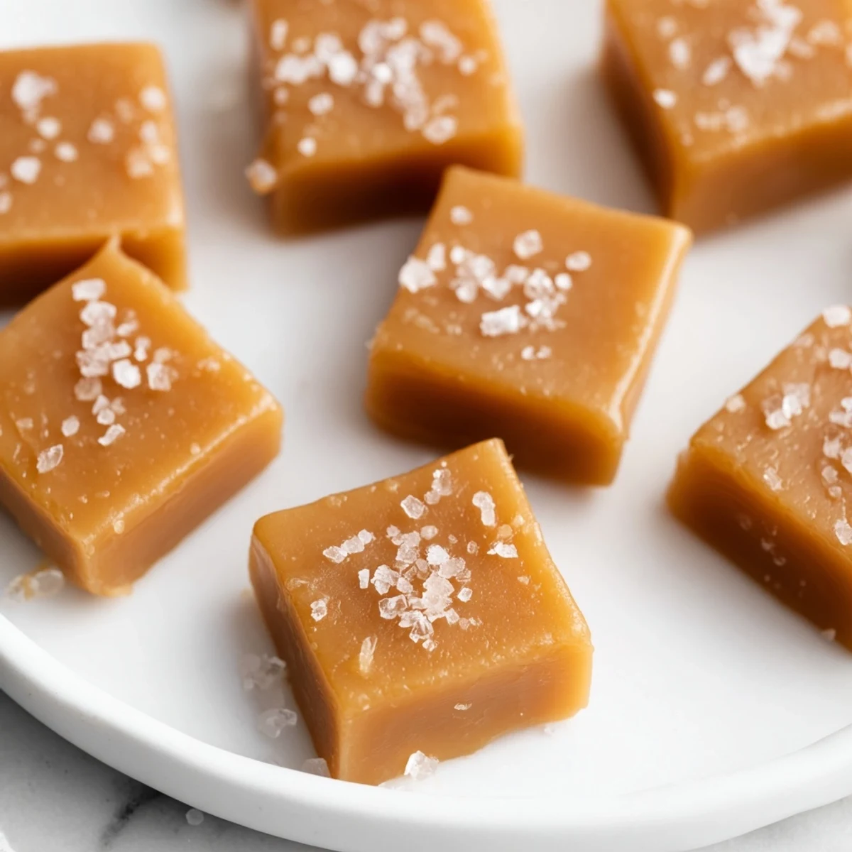 Homemade Sea Salt Caramels, glistening and perfect, sprinkled with flaky sea salt and ready to be enjoyed.