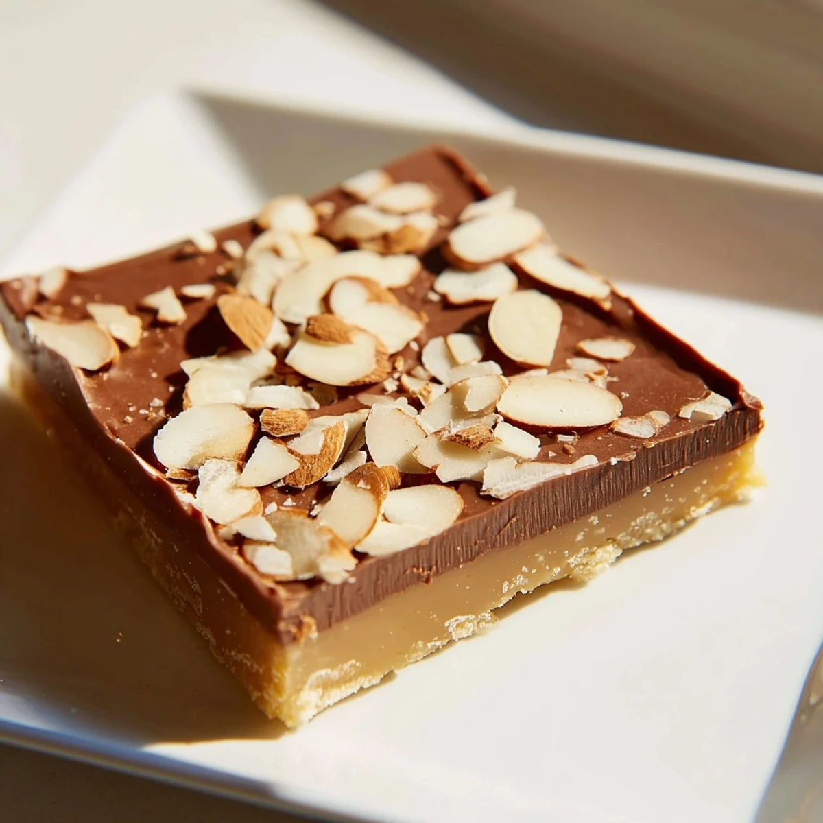 Close-up of freshly made English toffee, showing layers of chocolate and toasted almonds, ready to eat.