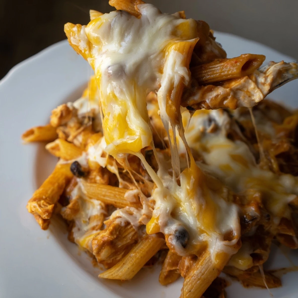 Golden baked Chicken Enchilada Pasta emerges from a skillet, topped with melted Monterey Jack and fresh cilantro.