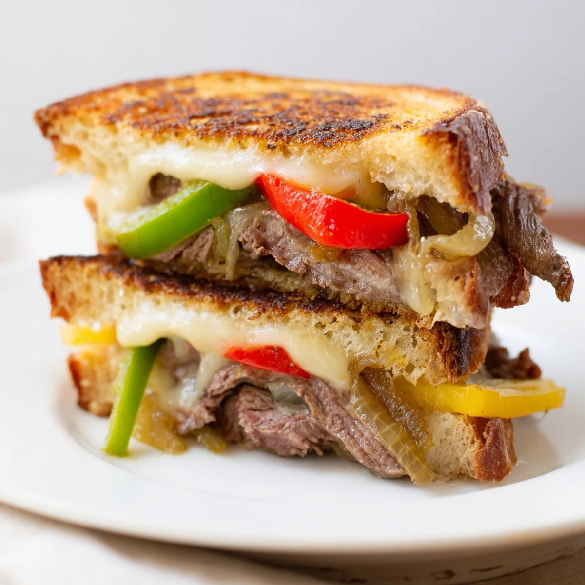 Golden, buttery sourdough slices cradle juicy ribeye steak, sautéed peppers, onions, and melted provolone in this Philly Cheesesteak Grilled Cheese.