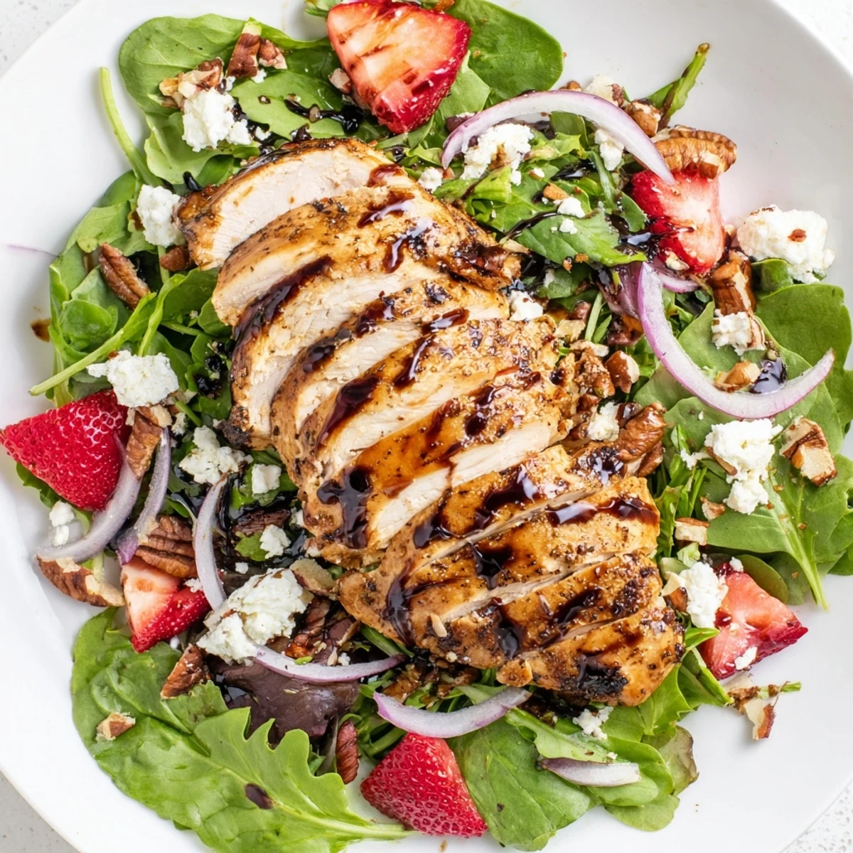 Fresh mixed greens topped with tender grilled chicken, sliced strawberries, red onion, and a glossy honey balsamic glaze.