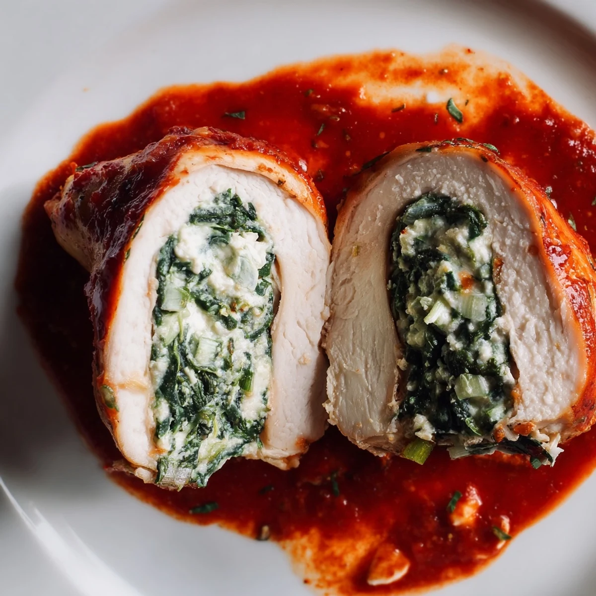 Golden-brown baked Spinach Ricotta Stuffed Chicken breasts sliced open, revealing a creamy green filling and nestled in rich tomato sauce.