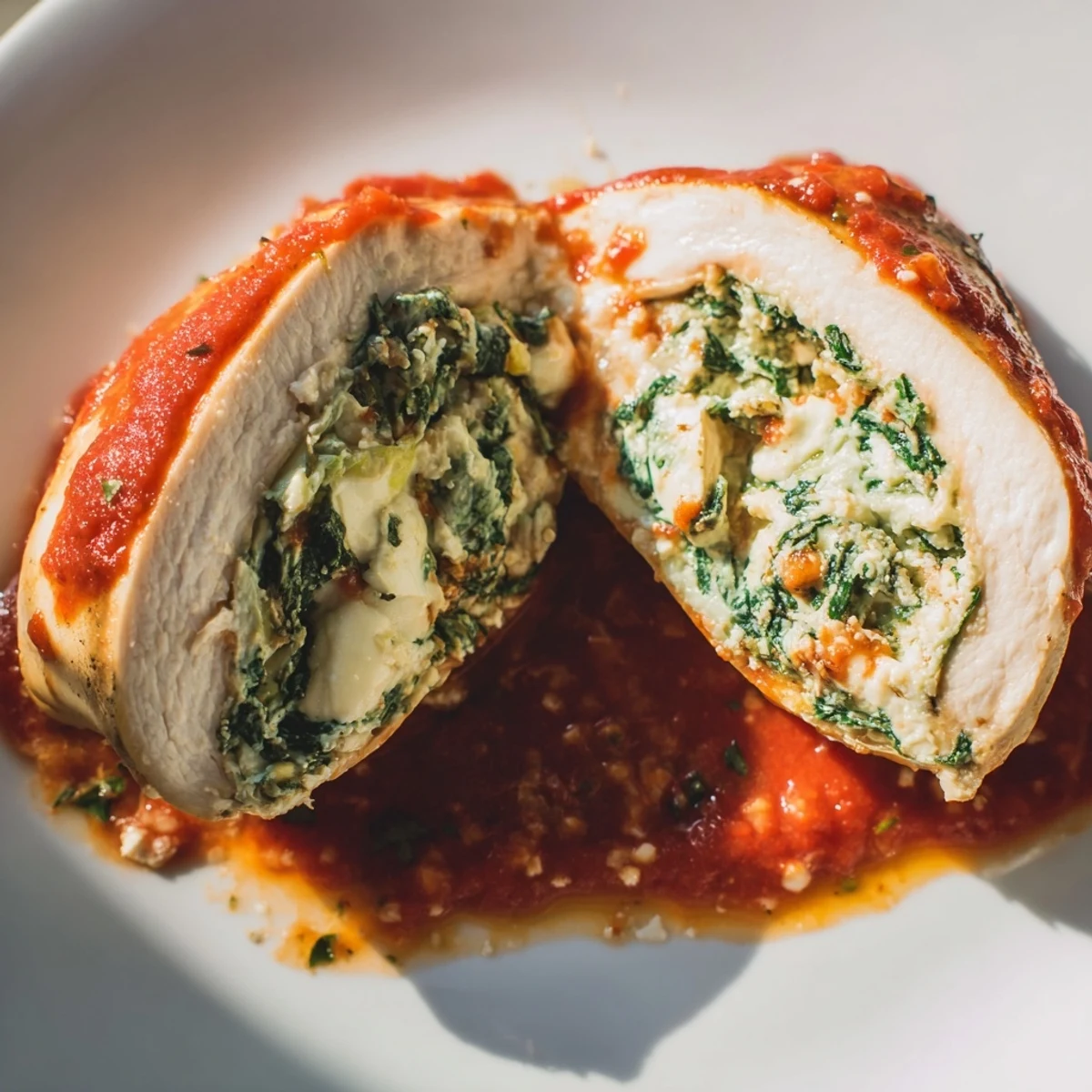 Overhead view of juicy Spinach Ricotta Stuffed Chicken with bubbling tomato sauce, paired with crusty bread for a satisfying Italian meal.