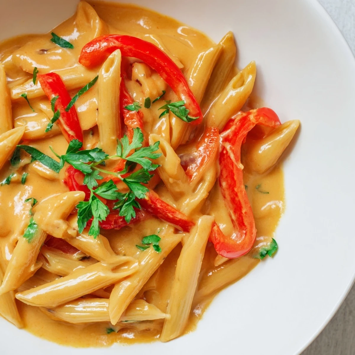 Creamy Cajun pasta in a white bowl with roasted red bell peppers and fresh parsley garnish.