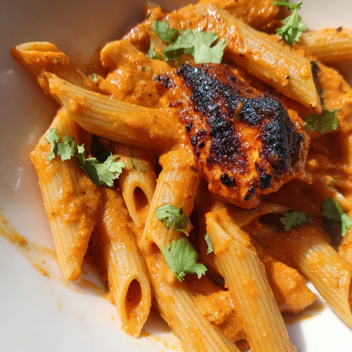 Creamy, spiced Chicken Tikka Pasta with tender chicken pieces and penne tossed in a rich tomato cream sauce.