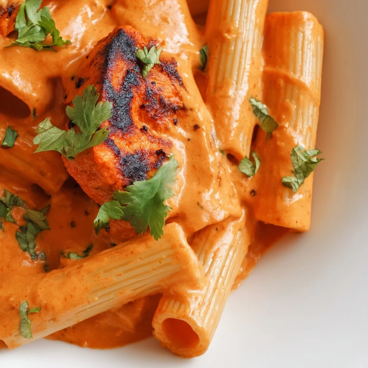 Brightly colored Chicken Tikka Pasta features charred tikka chicken nestled in a creamy, spiced tomato sauce over penne.