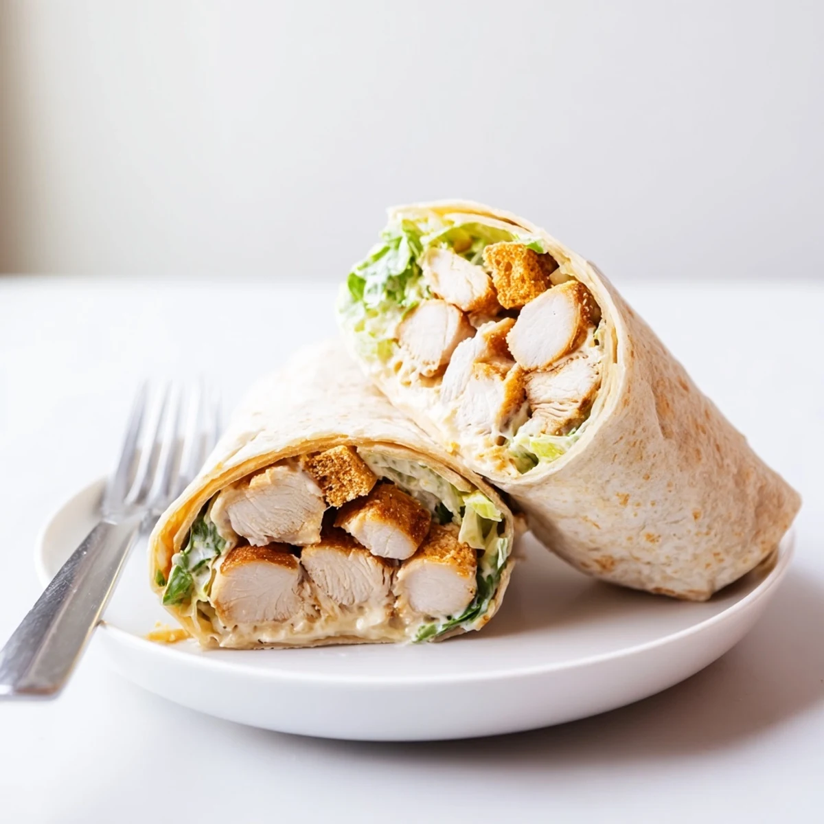 A close-up view of a Caesar Chicken Salad Wrap sliced in half, revealing juicy sliced chicken, creamy Caesar dressing, and a colorful mix of greens inside a golden-brown tortilla.