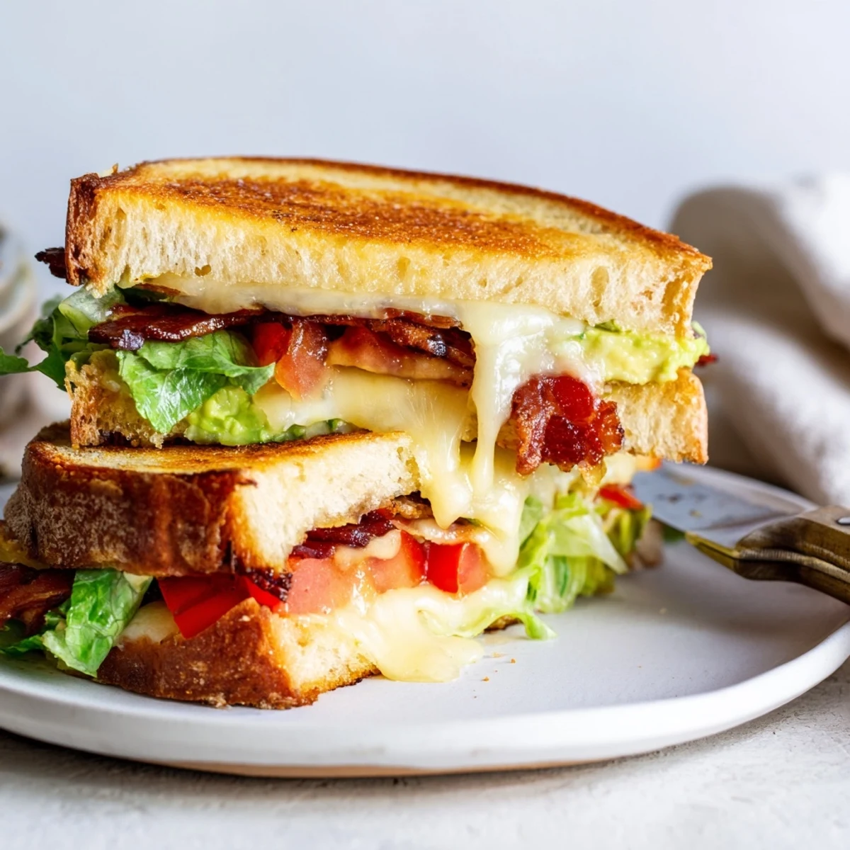 Golden, buttery sourdough grills to perfection, cradling crispy bacon, fresh lettuce, and ripe tomato slices.  
