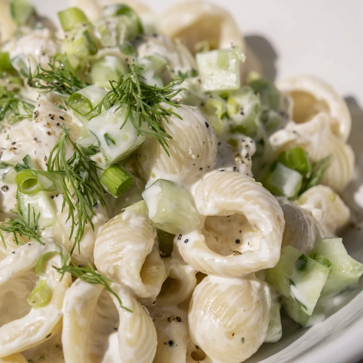 Crisp diced cucumbers and tender shell pasta glistening with creamy dill dressing in a chilled salad, topped with crunchy everything bagel seasoning for a refreshing side dish.  