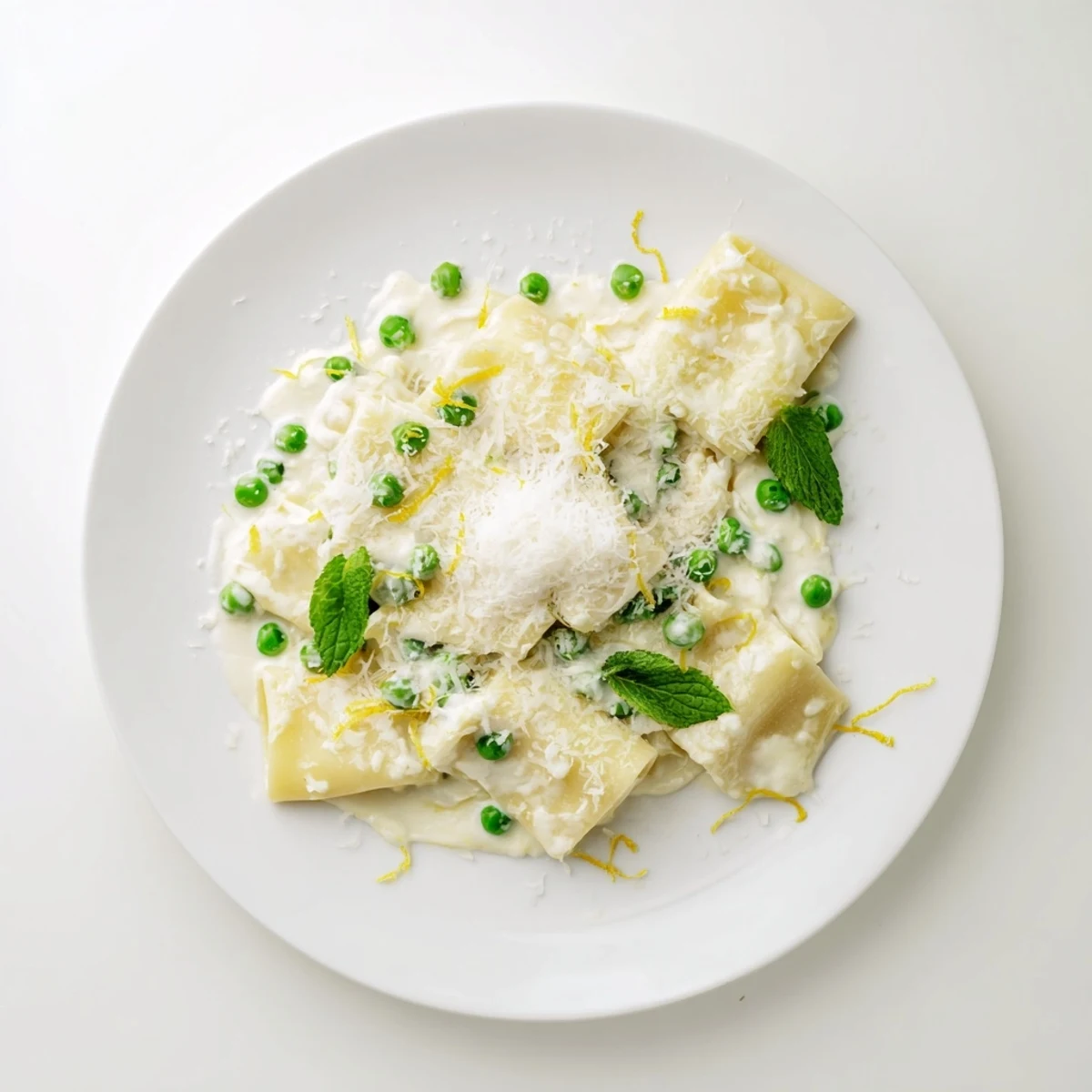 Creamy pea and lemon ricotta pasta tossed in a vibrant, spring-inspired bowl, garnished with fresh basil and extra Parmesan for a bright, savory finish.