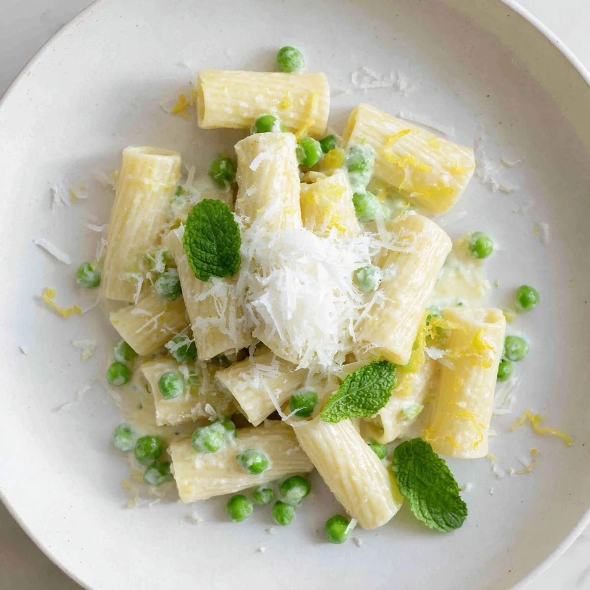 Hearty rigatoni pasta with lemon ricotta and peas steaming on a rustic plate, perfect for an easy vegetarian dinner, with a sprinkle of fresh herbs.