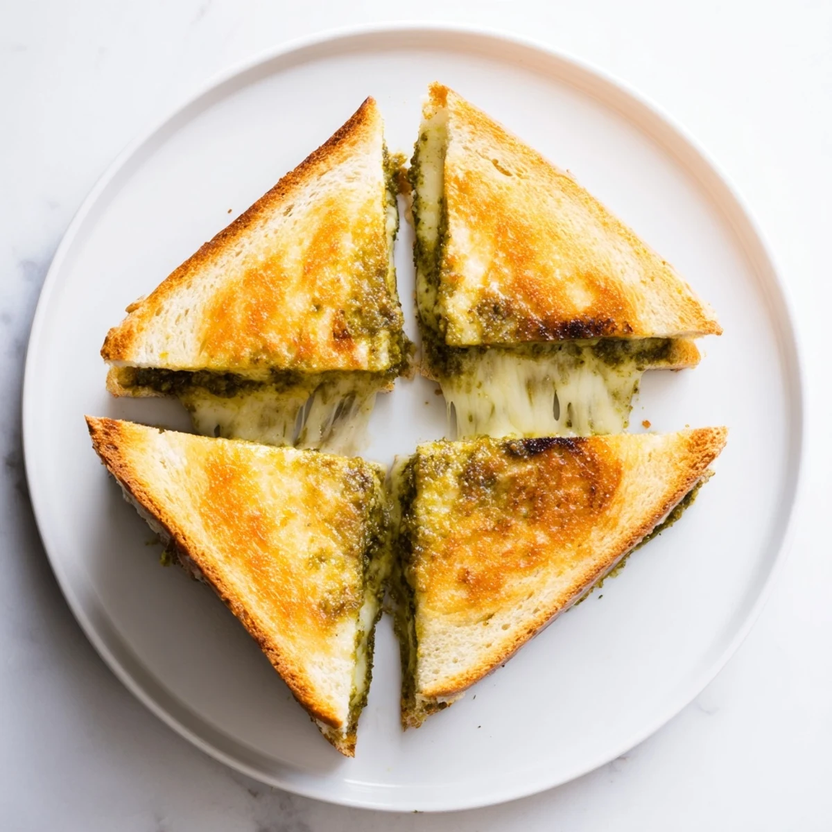 Toasted golden sourdough slices stuffed with melted mozzarella, fontina, and cheddar, generously spread with aromatic basil pesto.