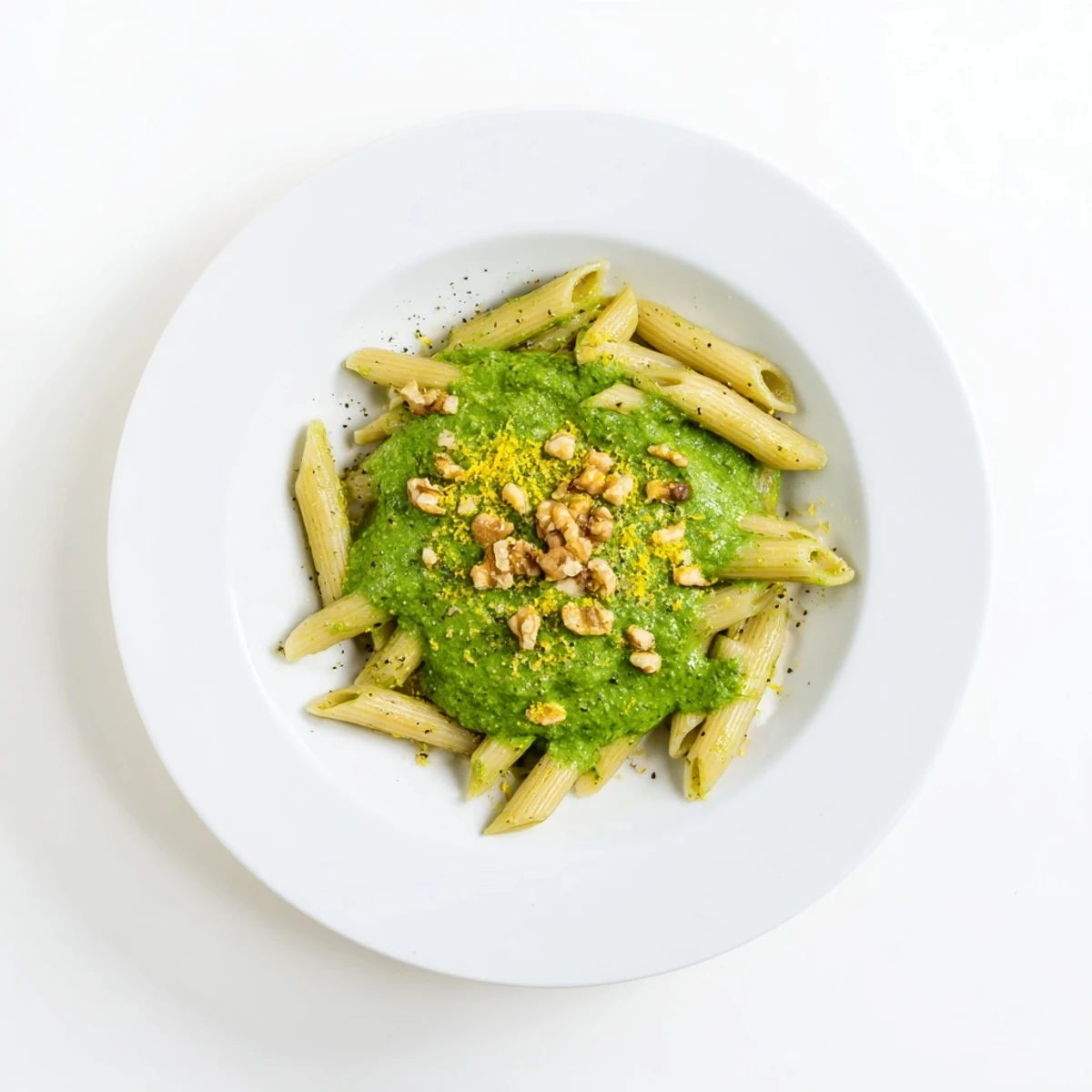 Freshly cooked Creamy Spinach Walnut Pasta with a vibrant green sauce in a white bowl, topped with extra toasted nuts.