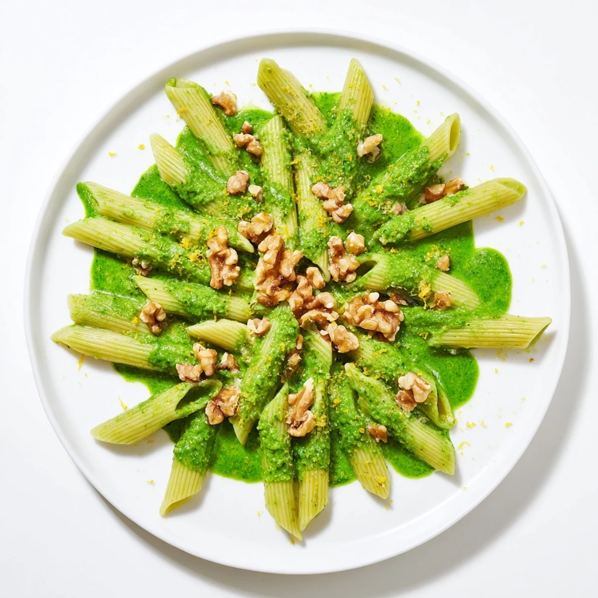 Overhead view of vegan Creamy Spinach Walnut Pasta, showcasing the velvety texture and garnish of chopped walnuts and lemon zest.
