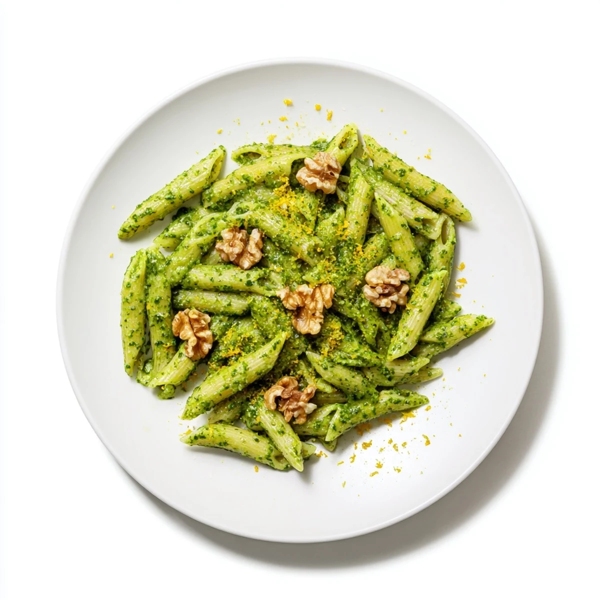 A close-up photo of a serving of Creamy Spinach Walnut Pasta, highlighting the creamy sauce clinging to every noodle.