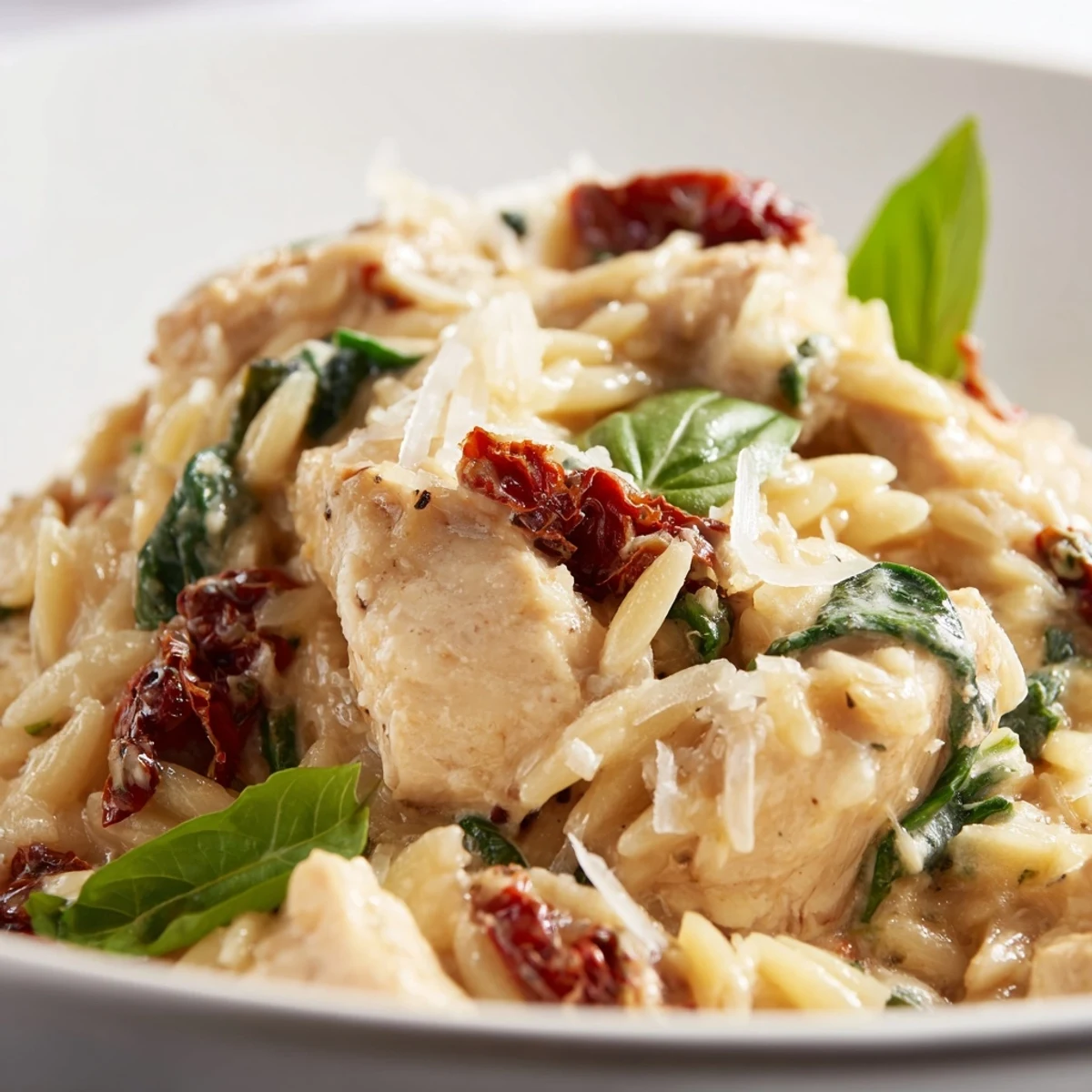 Creamy Tuscan Chicken Orzo with tender chicken, sun-dried tomatoes, and fresh spinach in a rich sauce.