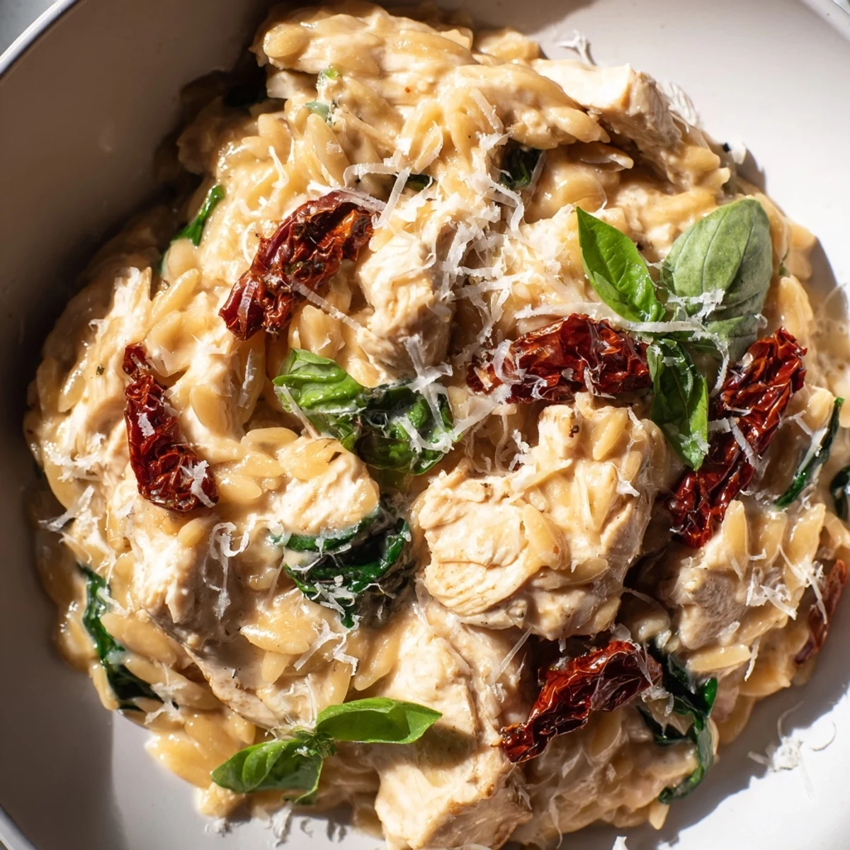 Tuscan Chicken Orzo sizzling in a deep skillet, blending golden chicken pieces with vibrant red tomatoes and herbs.