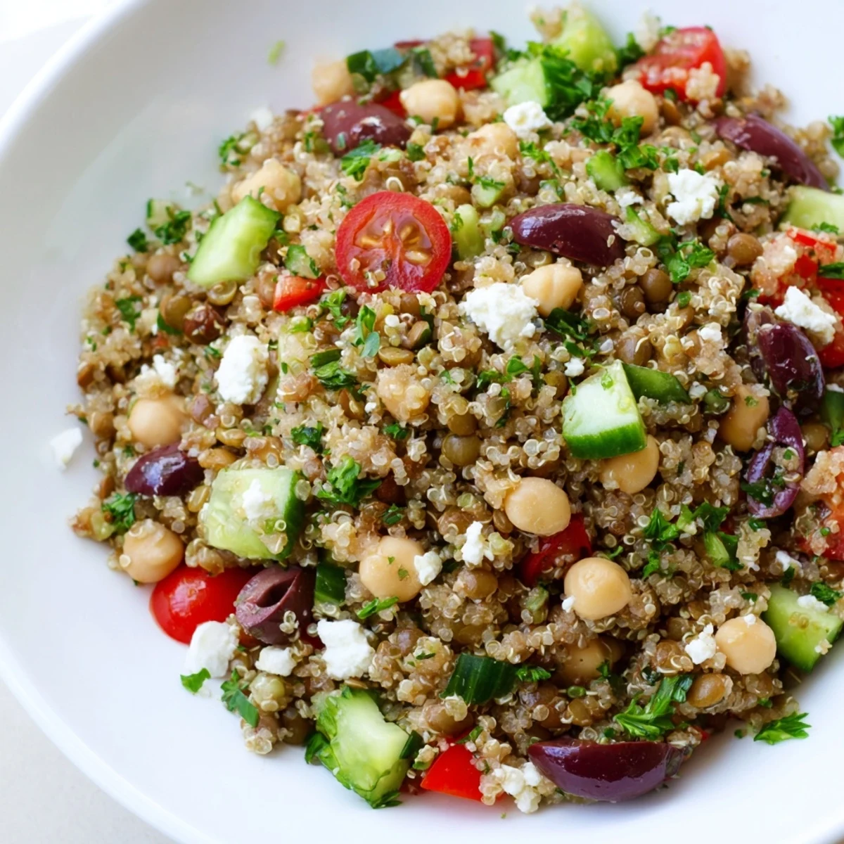 Vibrant Greek Power Salad with lentils, quinoa, chickpeas, and fresh vegetables topped with tangy feta crumbles.