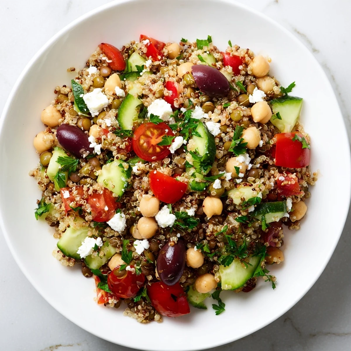 Bright Greek Power Salad with olives, cucumbers, and tomatoes tossed in a zesty Greek vinaigrette.