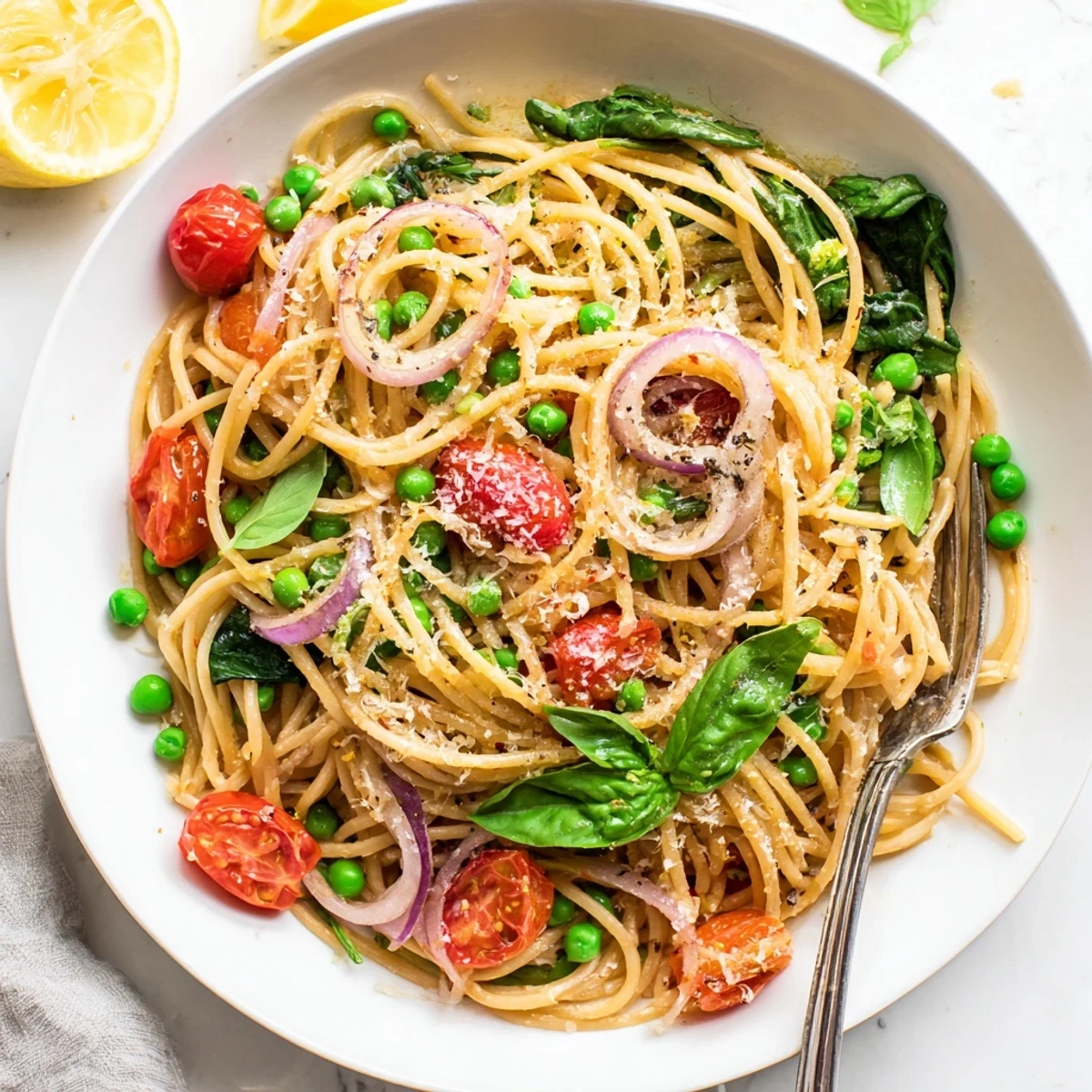 A vibrant bowl of Spring Veggie One-Pot Spaghetti features al dente pasta tossed with bright green peas, spinach, and sweet cherry tomatoes, garnished with fresh basil and Parmesan.