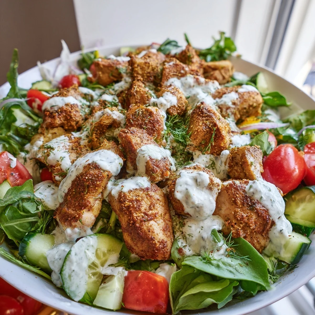 Spiced, juicy chicken thighs from the Chicken Shawarma Salad Bowl rest on crisp greens and bright veggies.