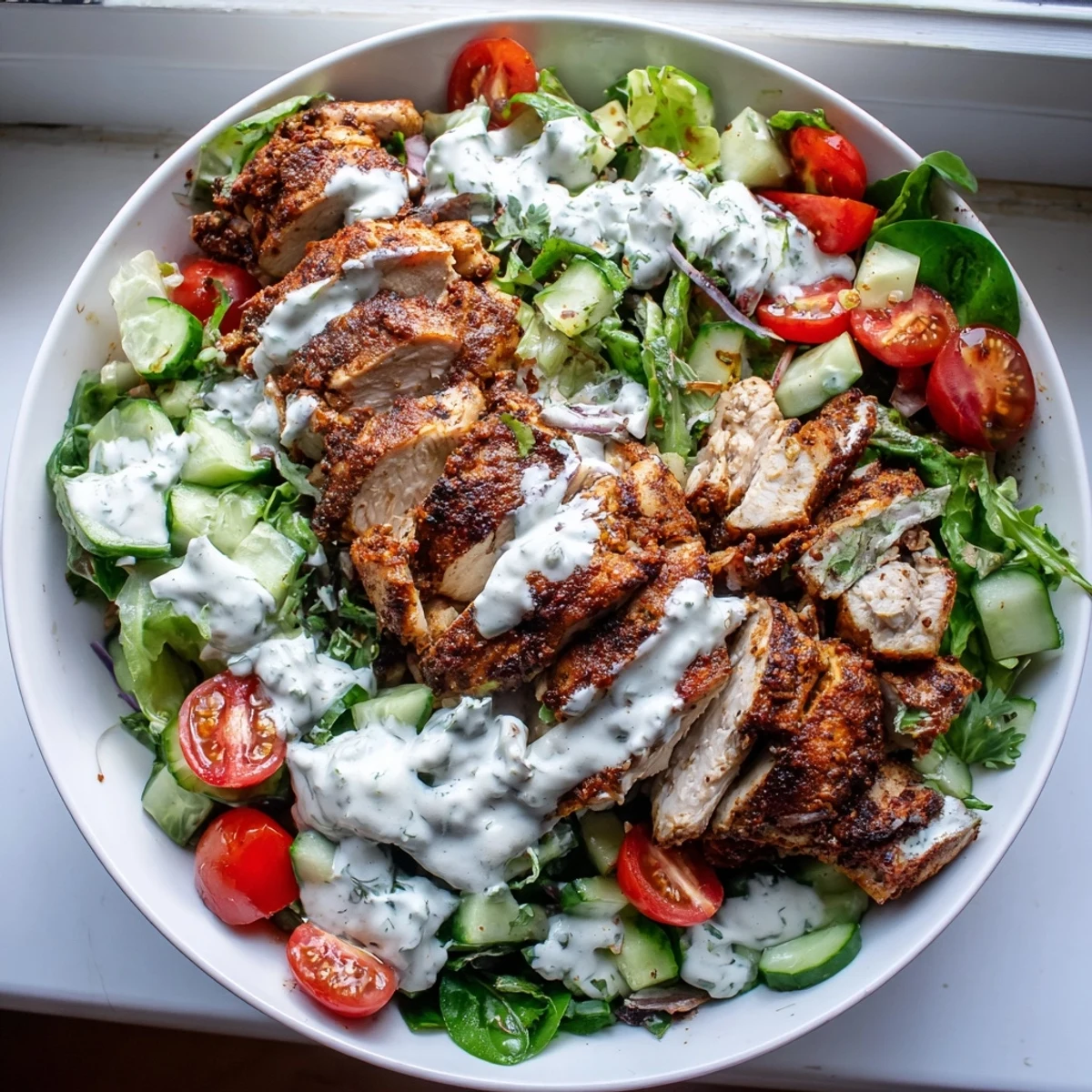 Sliced marinated chicken crowns a vibrant Chicken Shawarma Salad Bowl, drizzled with creamy garlic yogurt sauce.