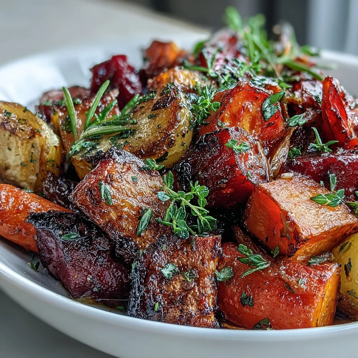 Golden roasted carrots, parsnips, and sweet potatoes from the Roasted Root Vegetable Medley glisten with olive oil and fresh herbs on a platter.