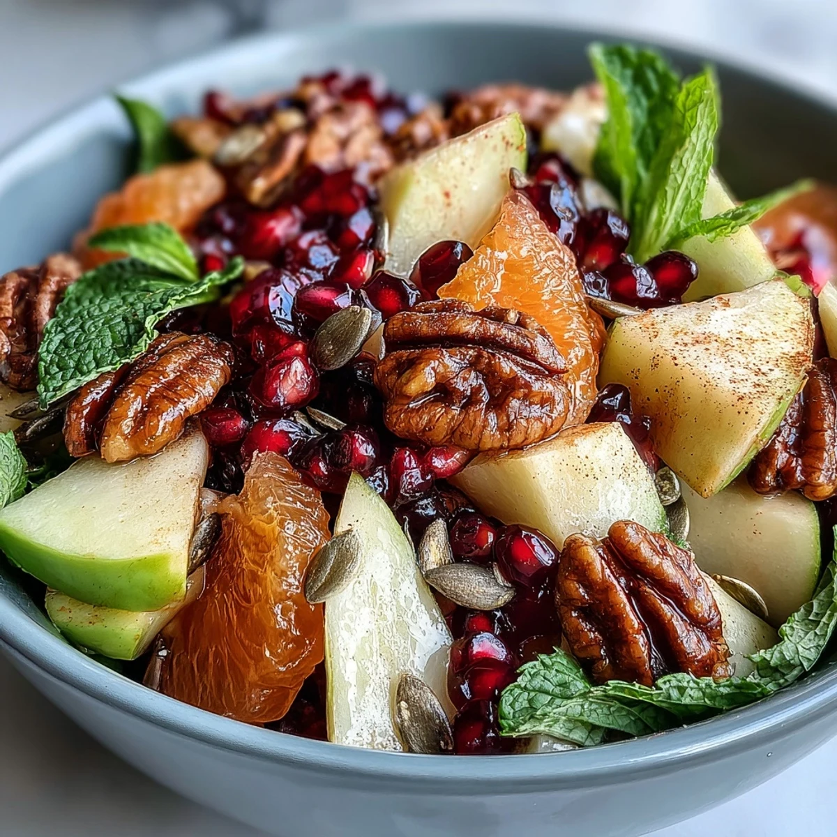 Colorful bowl of Pomegranate and Walnut Salad featuring crisp apples, sweet pears, and toasted walnuts, drizzled with cinnamon-spiced dressing for a festive side.