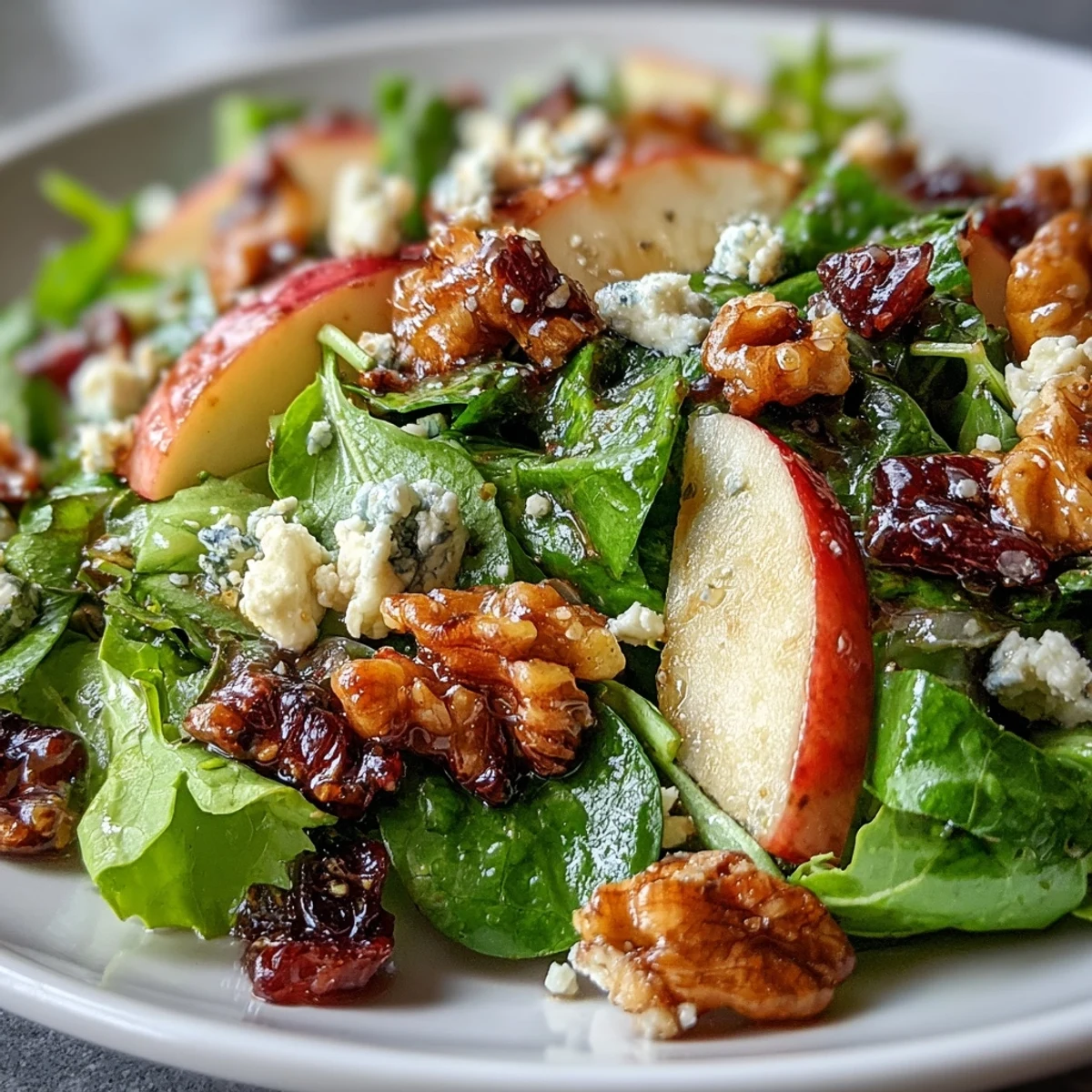 Freshly prepared Apple and Walnut Salad in a rustic bowl highlights green arugula, tender spinach, and crumbled blue cheese for a festive winter appetizer.  