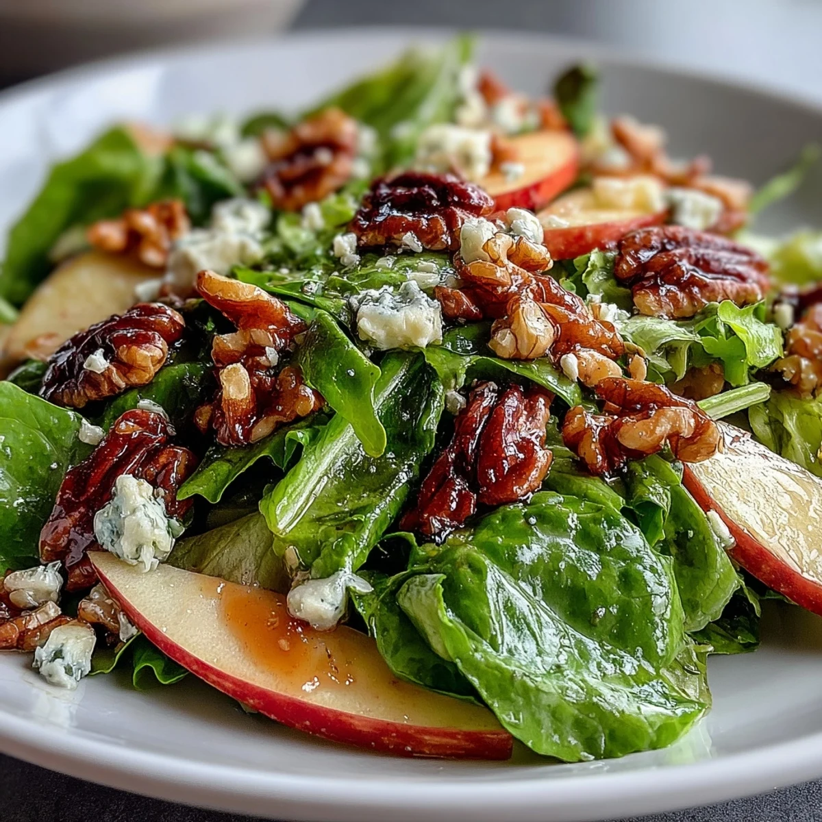 Close-up view of Apple and Walnut Salad featuring juicy Honeycrisp apples, toasted walnuts, and a light apple cider vinaigrette drizzled over the greens.