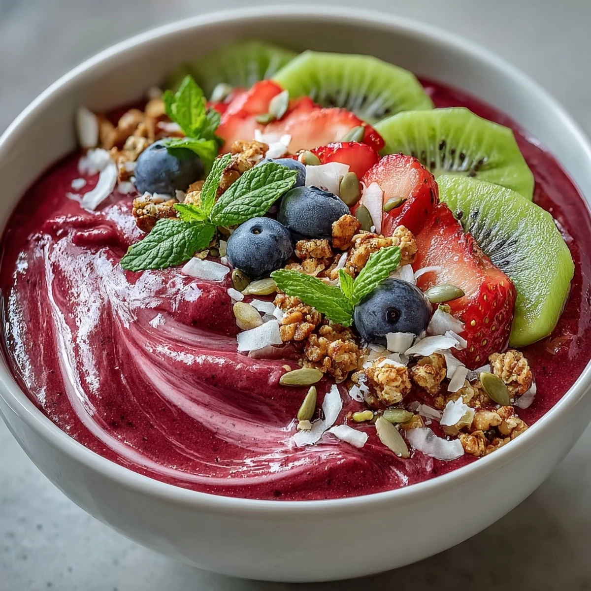 A vibrant pink Beet and Berry Smoothie Bowl topped with granola, fresh kiwi, and berries in a white bowl.  