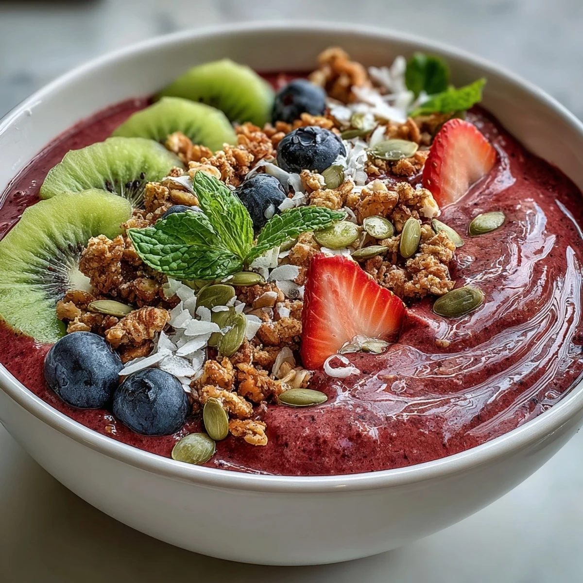 Overhead shot of a colorful Beet and Berry Smoothie Bowl surrounded by scattered berries and a blender.