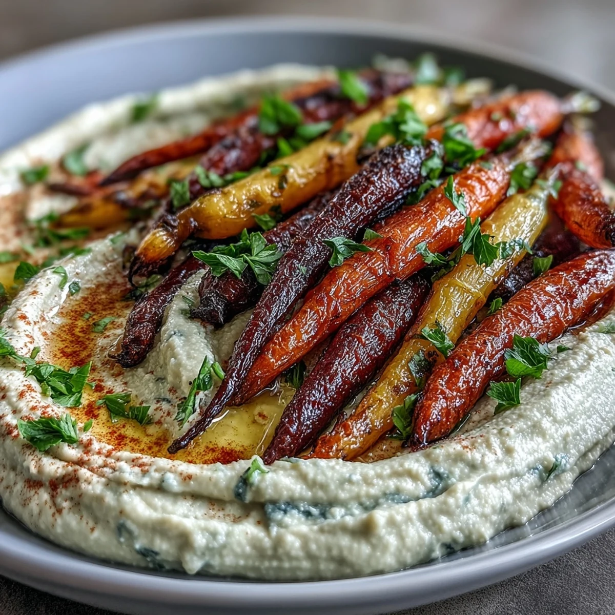 Enjoy this delicious platter of sweet rainbow carrots and savory homemade hummus.