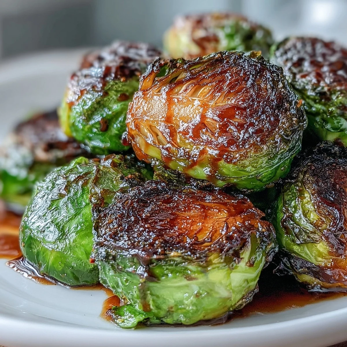 Golden-brown roasted Brussels sprouts on a baking sheet, glistening with a sticky balsamic glaze for a sweet and savory side dish.  