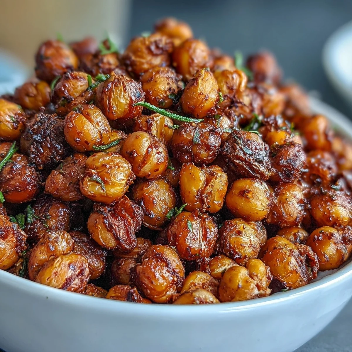 A close-up of golden, crunchy Crispy Chickpea Snack scattered on a dark plate, perfect for healthy snacking.  